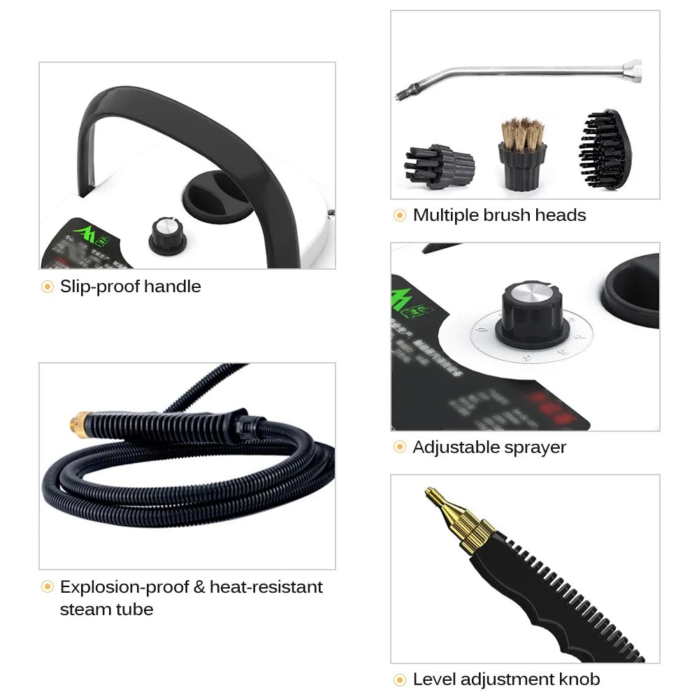 Collage of a steam cleaner with various attachments and features highlighted.