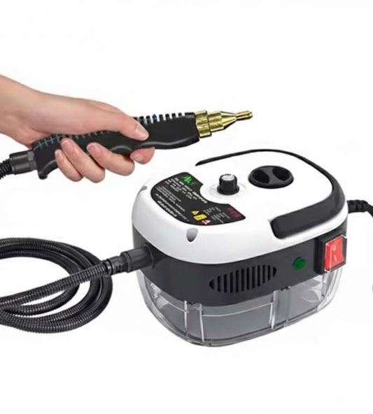 Handheld steam cleaner with nozzle attachment on a white background