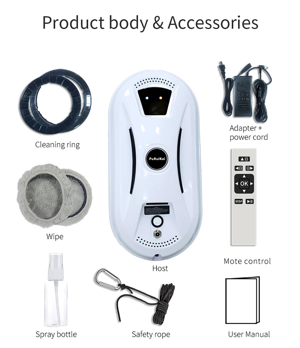 Remote-controlled smart robot for effortless window washing, including microfiber pads and cleaning solution spray.