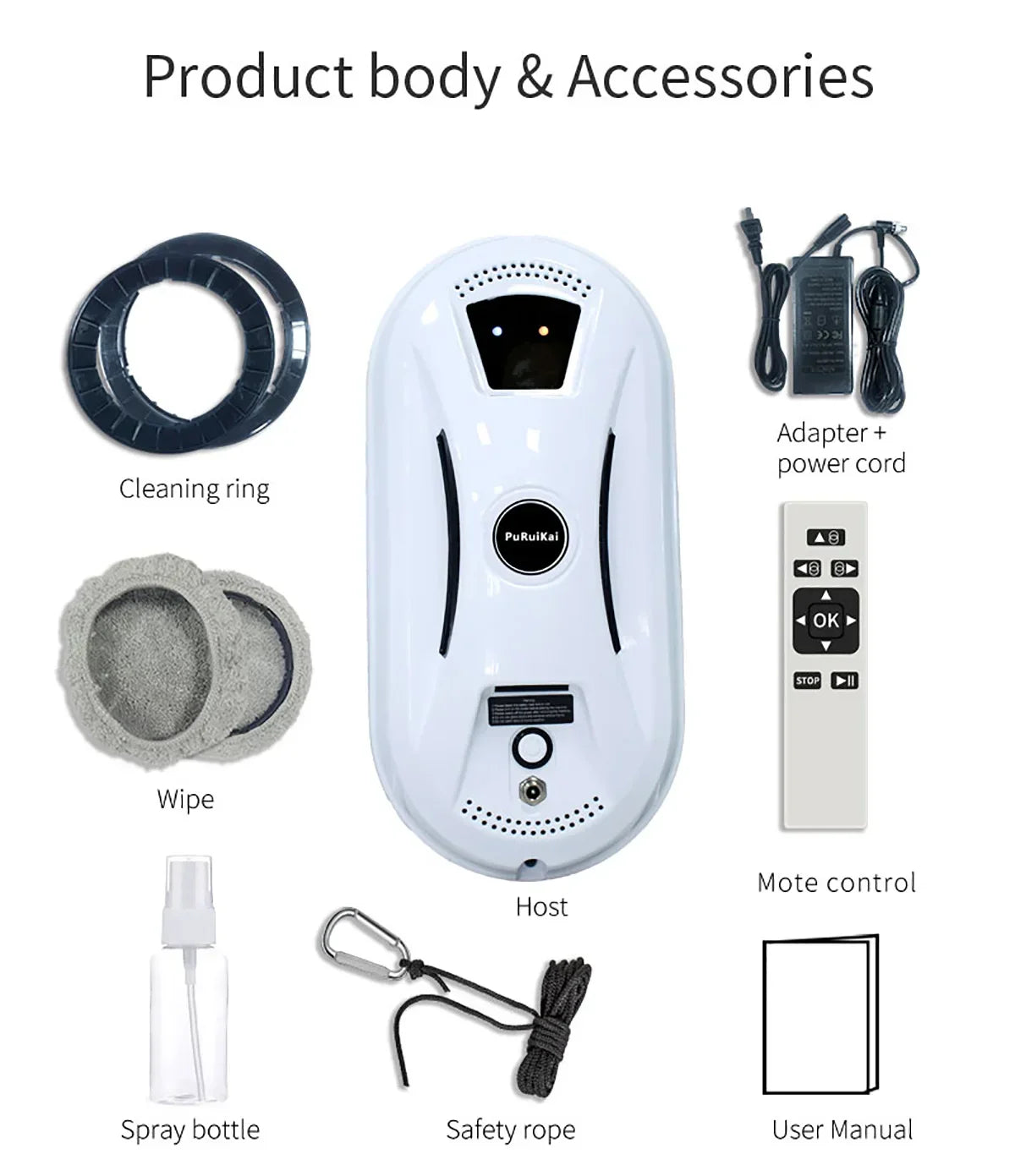 Remote-controlled smart robot for effortless window washing, including microfiber pads and cleaning solution spray.
