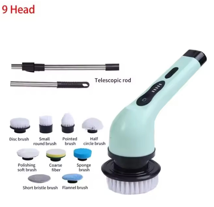 Multifunctional cleaning brush with various attachments on a white background