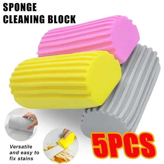 Set of three colorful sponge cleaning blocks with text indicating quantity and features.