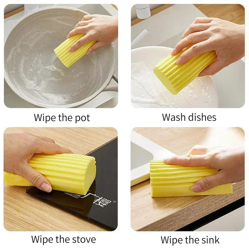 Yellow sponge being used to clean various kitchen items with text labels.

