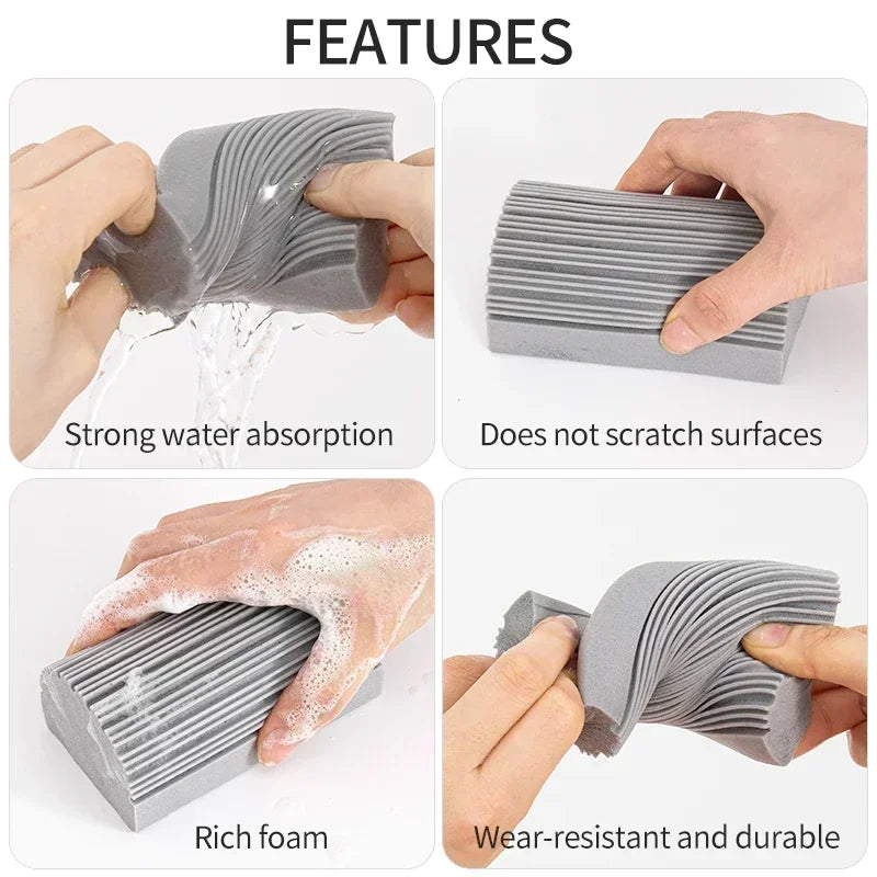 Gray sponge with text highlighting features like strong water absorption, non-scratch surfaces, rich foam, and wear-resistance.

