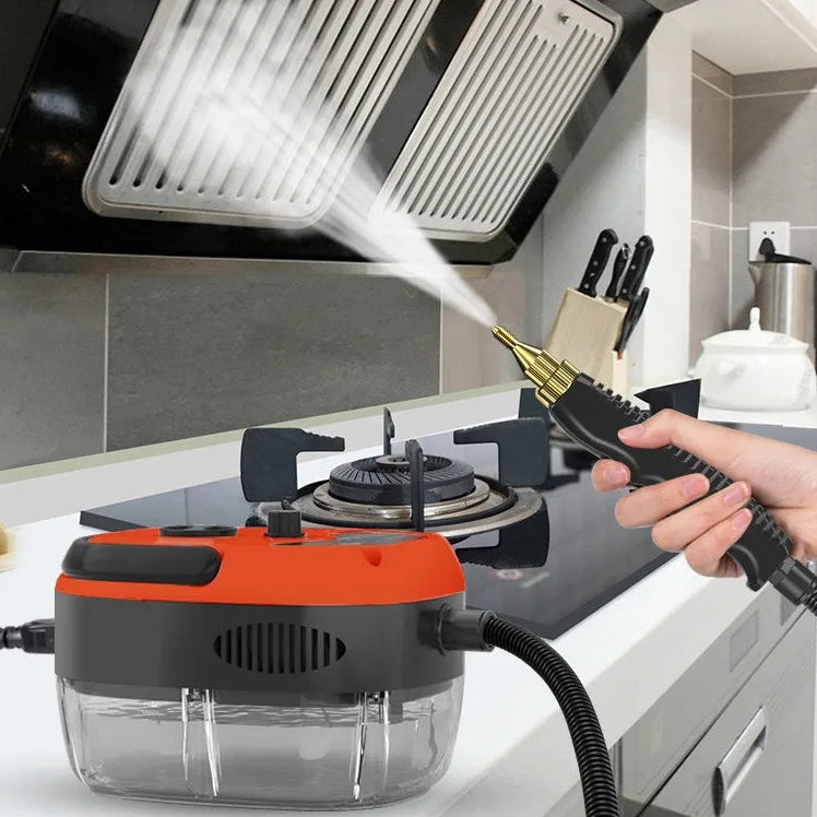 Steam cleaner being used to clean a kitchen hood with text about making cleaning less laborious.

