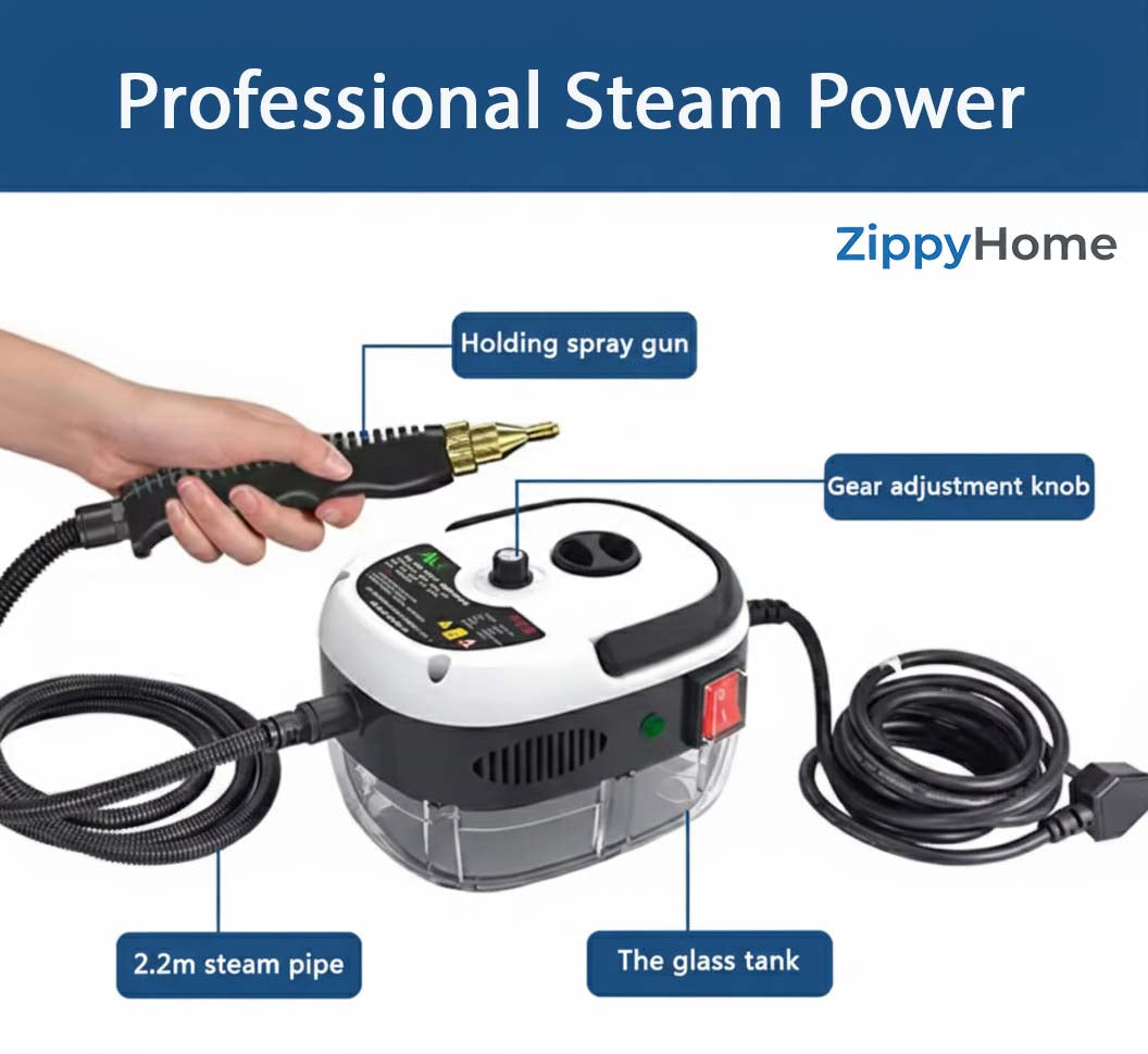 ZippyHome steam cleaner with labeled parts on a white background

