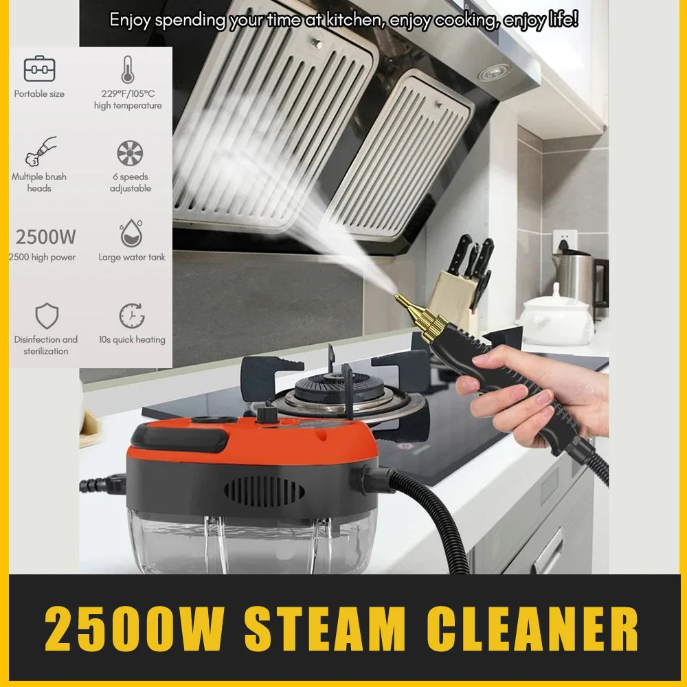 Steam cleaner being used on a kitchen stove with product details on the left.

