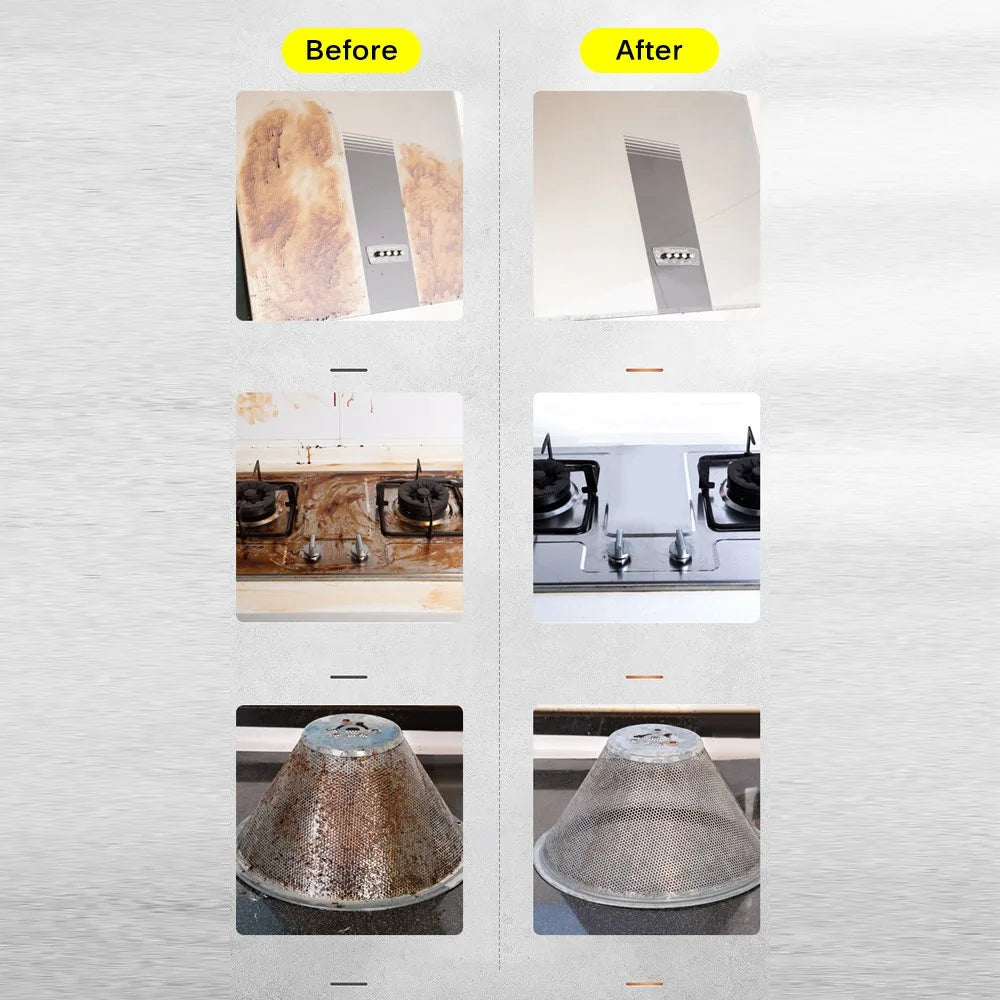 Before and after comparison of a stove and exhaust hood cleaning process.

