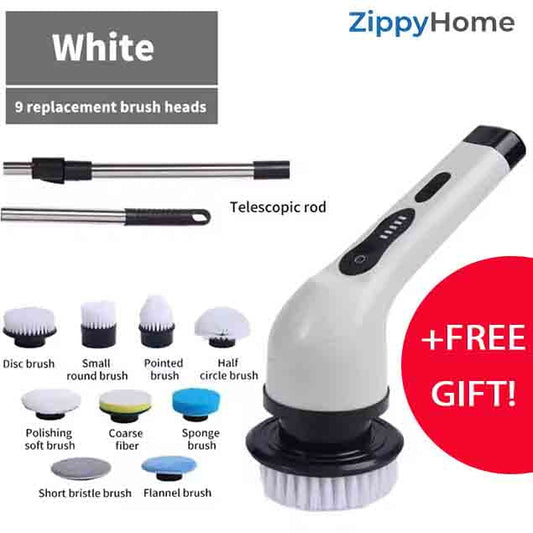 ZippyHome cleaning tool with various brush heads and telescopic rod on a white background