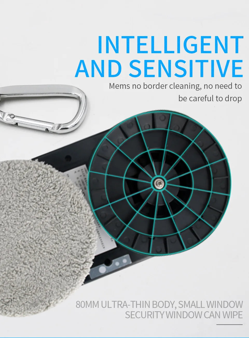 Remote-controlled smart robot for effortless window washing, including microfiber pads and cleaning solution spray.