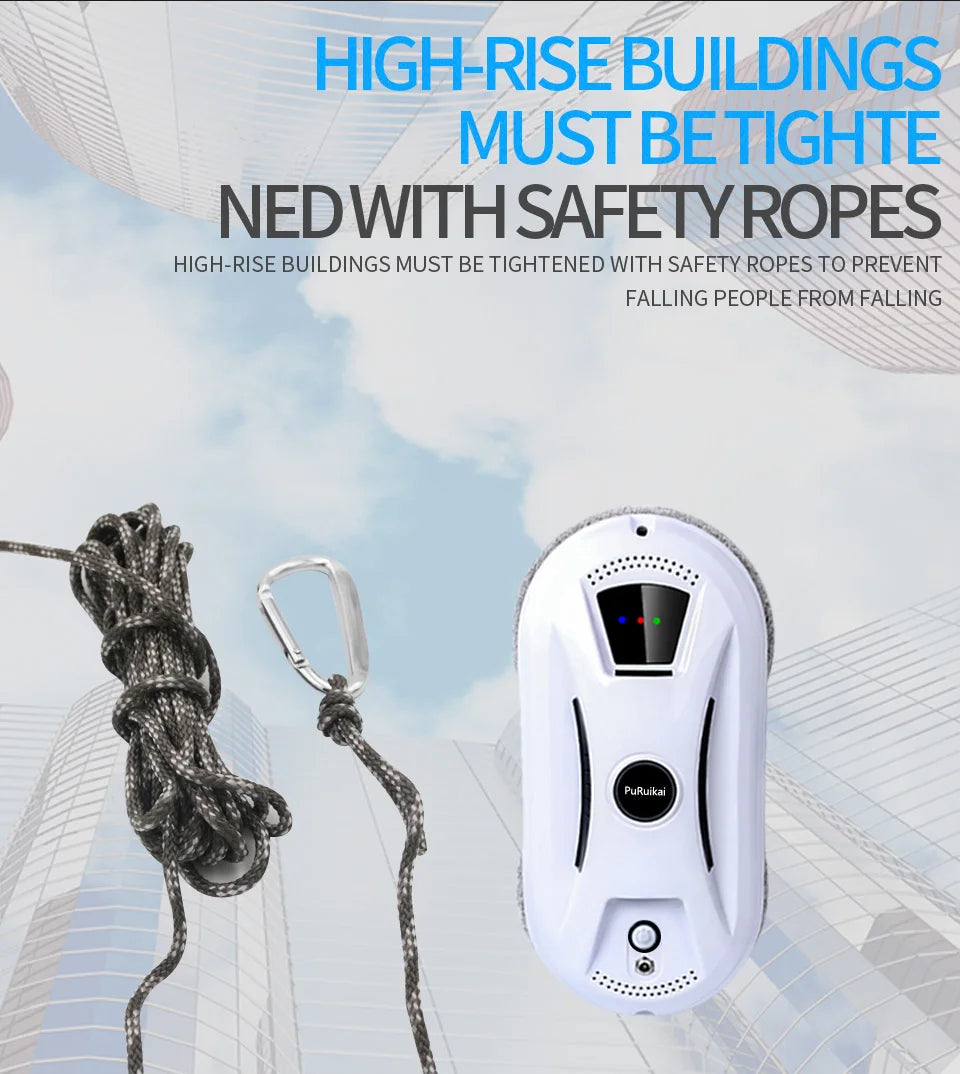 Remote-controlled smart robot for effortless window washing, including microfiber pads and cleaning solution spray.
