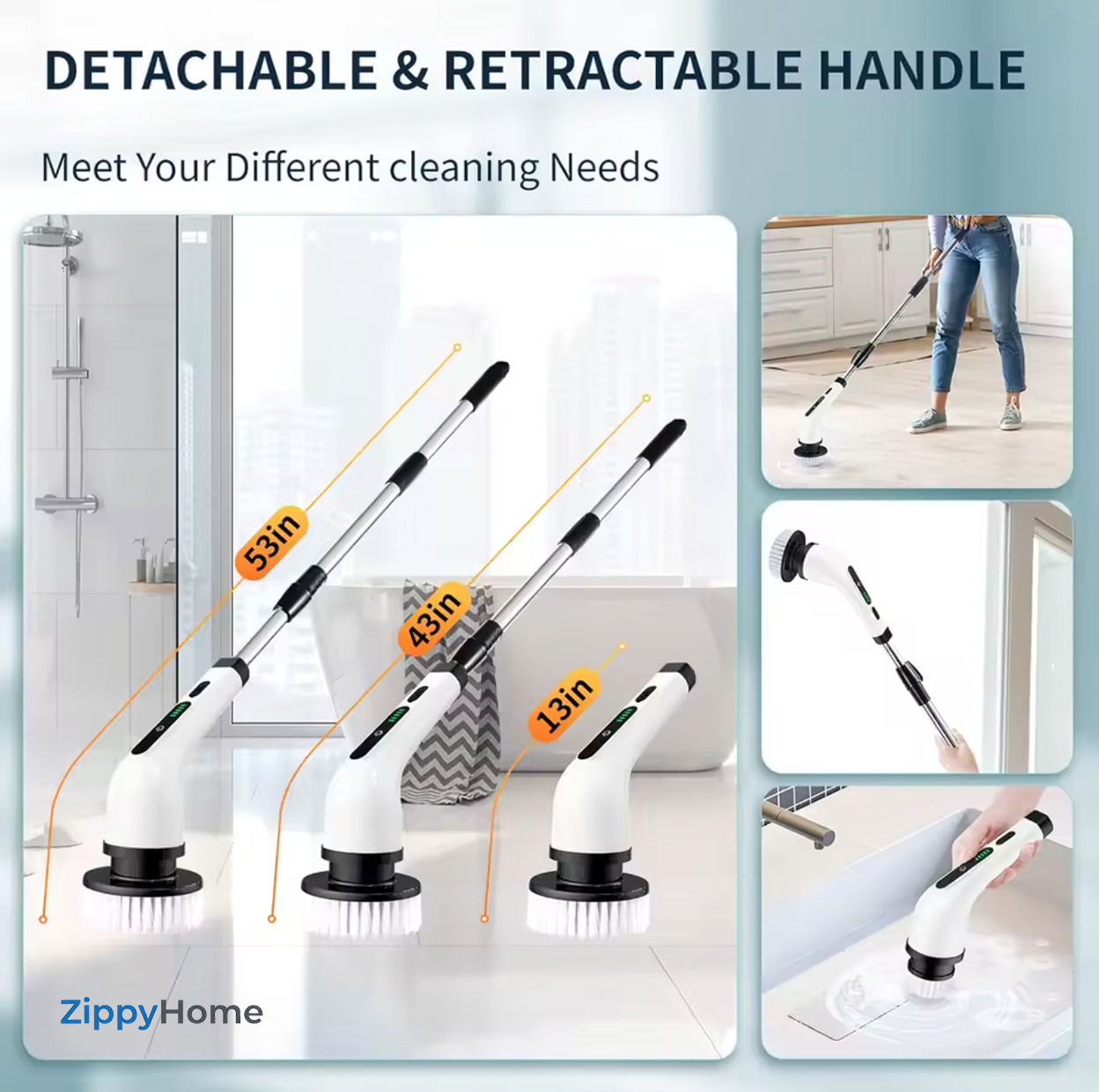 ZippyHome cleaning tool with detachable and retractable handle in various cleaning scenarios.