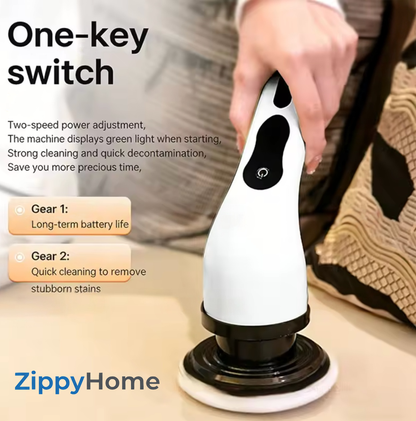 Hand holding a cleaning device with text about its features and ZippyHome branding.