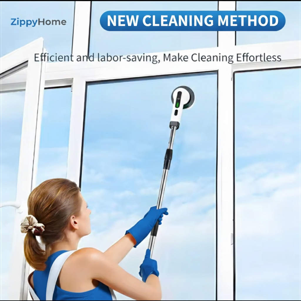 Person cleaning windows with a ZippyHome cleaning tool against a blue sky background