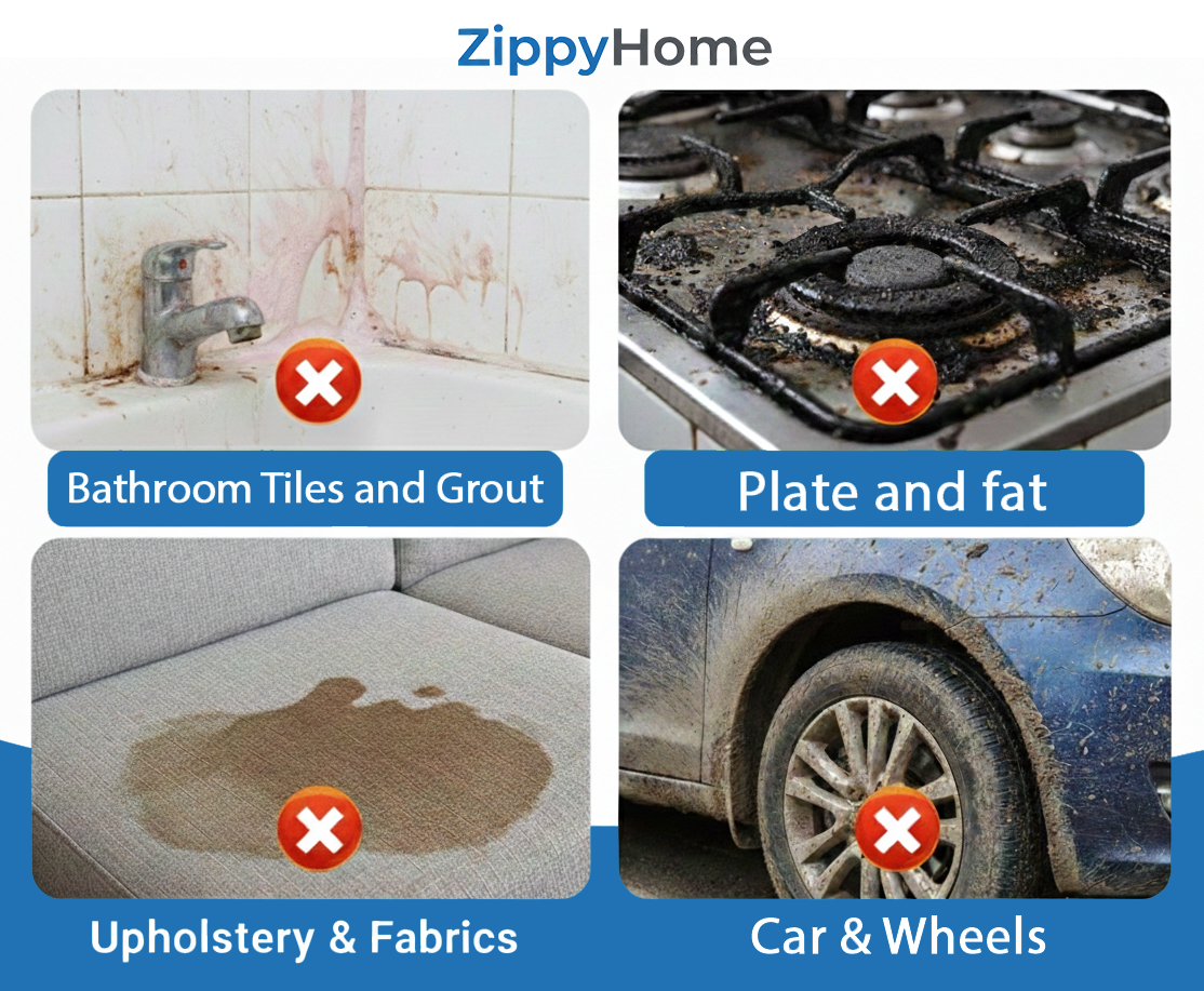 Person cleaning windows with a ZippyHome cleaning tool against a blue sky background